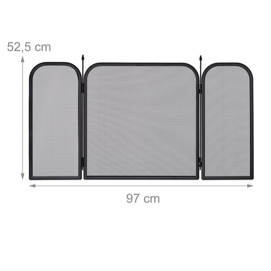 Zwart metalen driepanel haardscherm, 52,5 cm hoog en 97 cm breed, met maaswijdte.