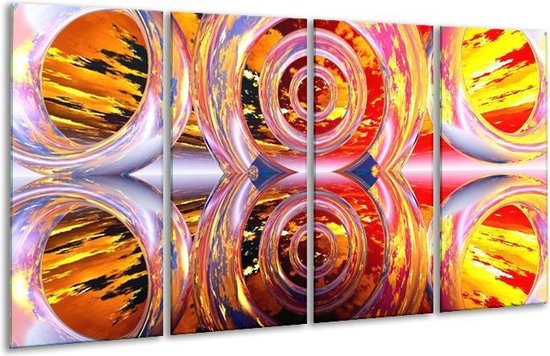 GroepArt - Glasschilderij - Cirkel - Geel, Rood, Grijs - 160x80cm 4Luik - Foto Op Glas - Geen Acrylglas Schilderij - 6000+ Glasschilderijen Collectie - Wanddecoratie