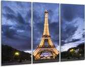 Glasschilderij Eiffeltoren - Blauw, Grijs, Geel - 120x80cm 3Luik - Foto Op Glas - Geen Acrylglas Schilderij - GroepArt 6000+ Glas Art Collectie - Maatwerk Mogelijk