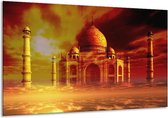 Glasschilderij Taj Mahal - Oranje, Bruin, Geel - 120x70cm 1Luik - Foto Op Glas - Geen Acrylglas Schilderij - GroepArt 6000+ Glasschilderijen Art Collectie - Wanddecoratie - Woonkamer - Slaapkamer
