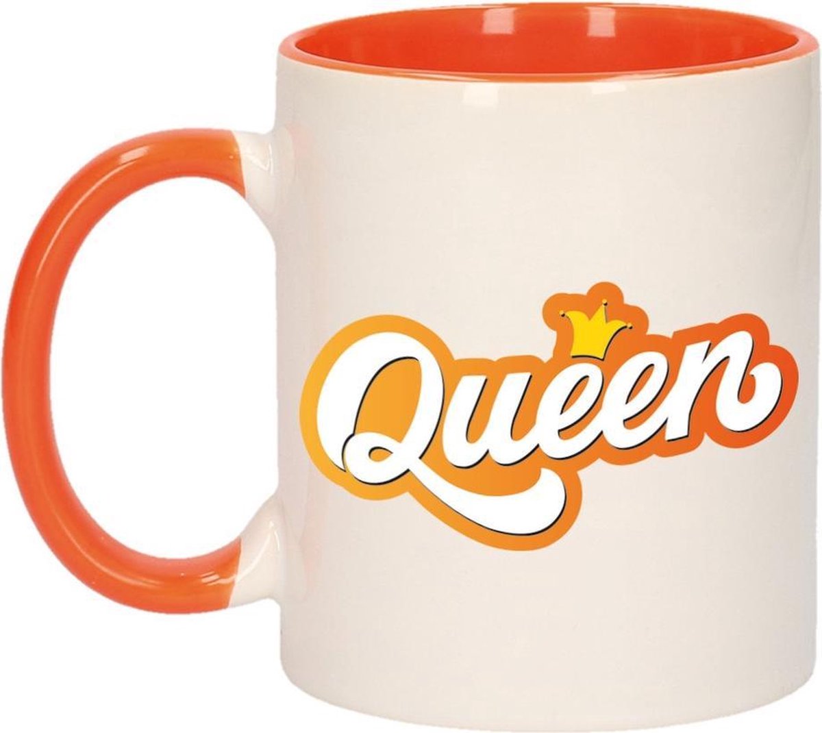 Koningsdag Queen met kroontje beker / mok - oranje met wit - 300 ml