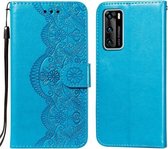 Voor Huawei P40 Flower Vine Embossing Pattern Horizontale Flip Leather Case met Card Slot & Holder & Wallet & Lanyard (Blue)