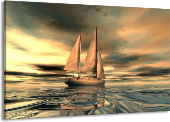 Schilderij Op Canvas - Groot - Zeilboot - Geel, Wit, Grijs - 140x90cm 1Luik  -... | bol.com