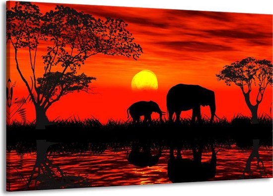 Schilderij Op Canvas - Groot -  Olifant - Rood, Zwart - 140x90cm 1Luik - GroepArt 6000+ Schilderijen Woonkamer - Schilderijhaakjes Gratis