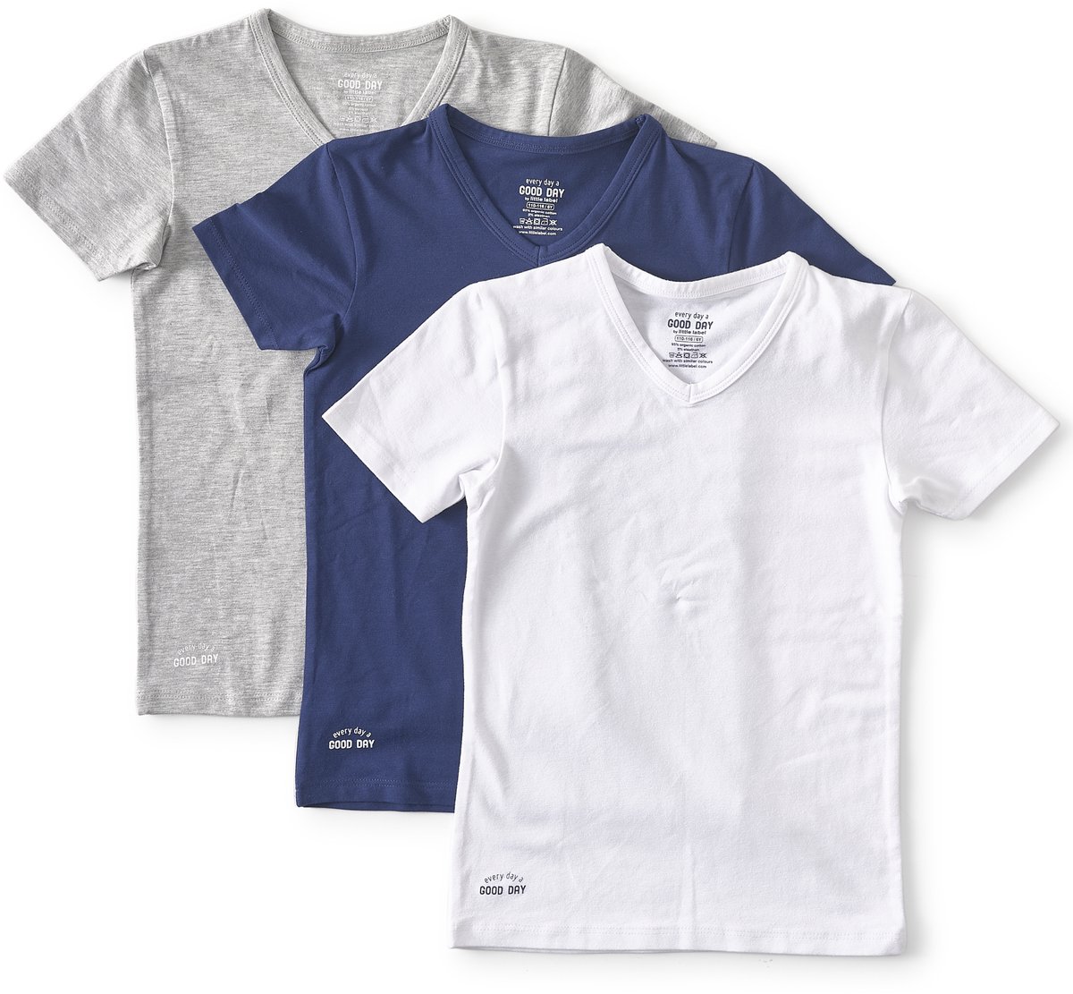 Little Label - v-neck t-shirt 3-pack - grijs blauw wit 98-104 - maat: 98/104 - bio-katoen