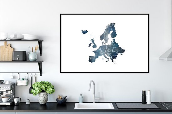 Fotolijst incl. Poster - Kaart Europa - Blauw - Aquarelverf - 120x80 cm - Posterlijst