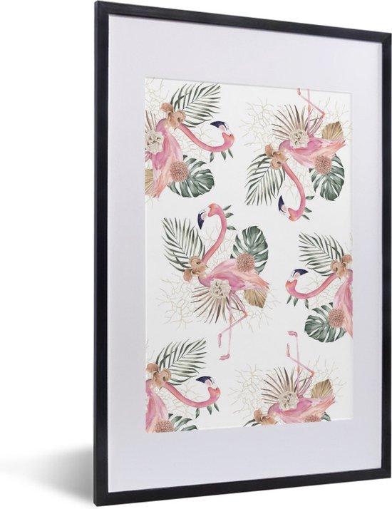 Fotolijst incl. Poster - Patroon - Bloemen - Flamingo - 40x60 cm - Posterlijst