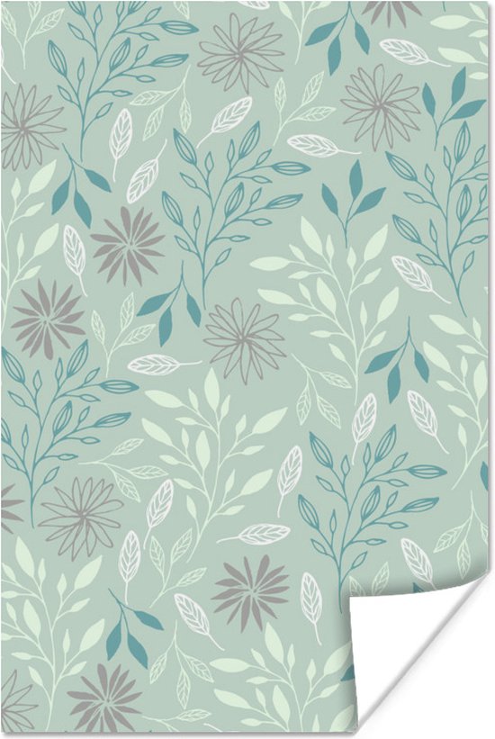 Motif feuilles et fleurs fond bleu 60x90 cm / Poster Fleurs