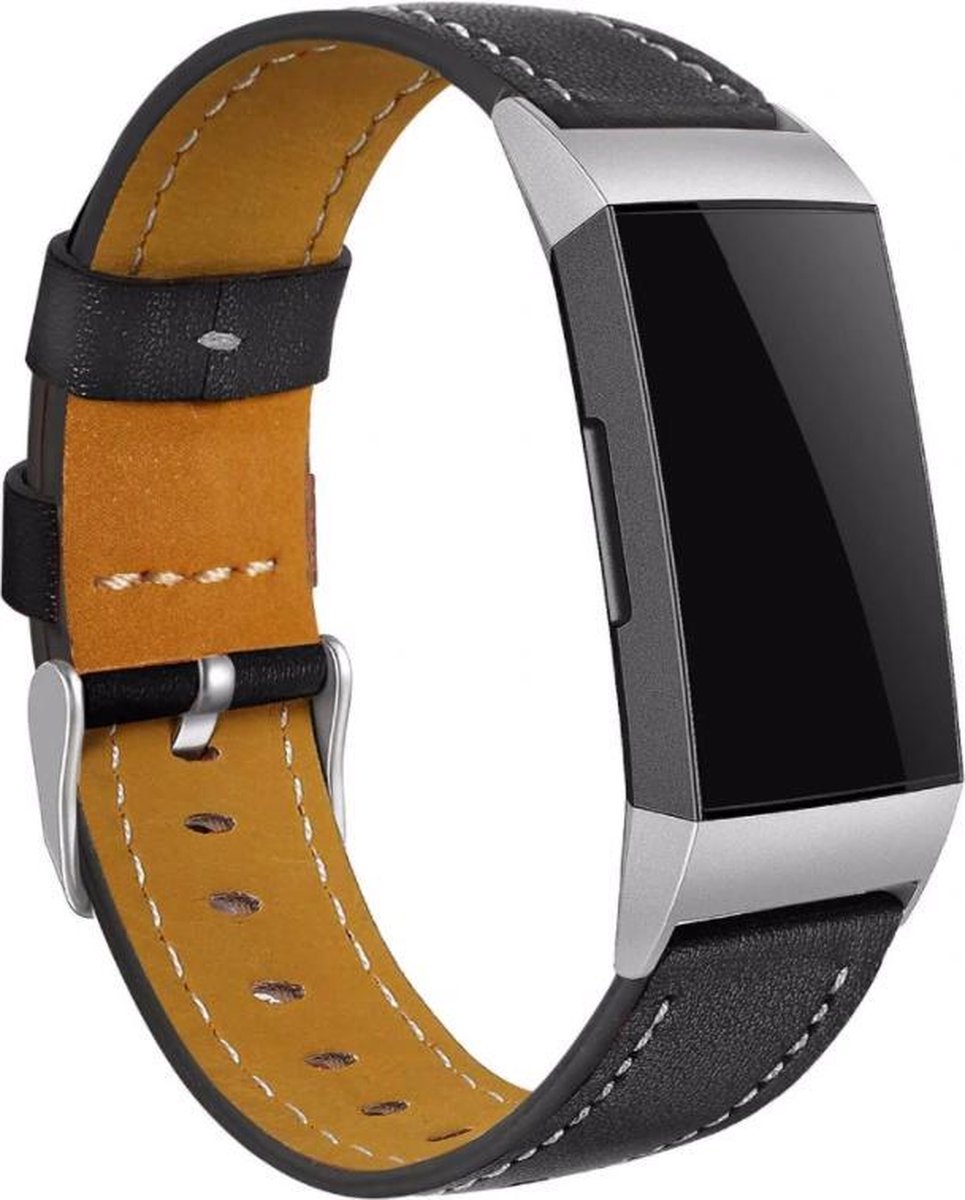 Strap-it Leren bandje - geschikt voor Fitbit Charge 3 / Fitbit Charge 4 - strak zwart