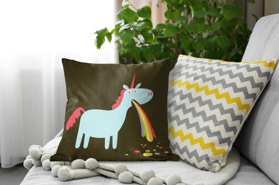 Sierkussen Licorne illustration pour usage intérieur - Une illustration d'une licorne vomissant - 45x45 cm - Coussin intérieur carré en coton