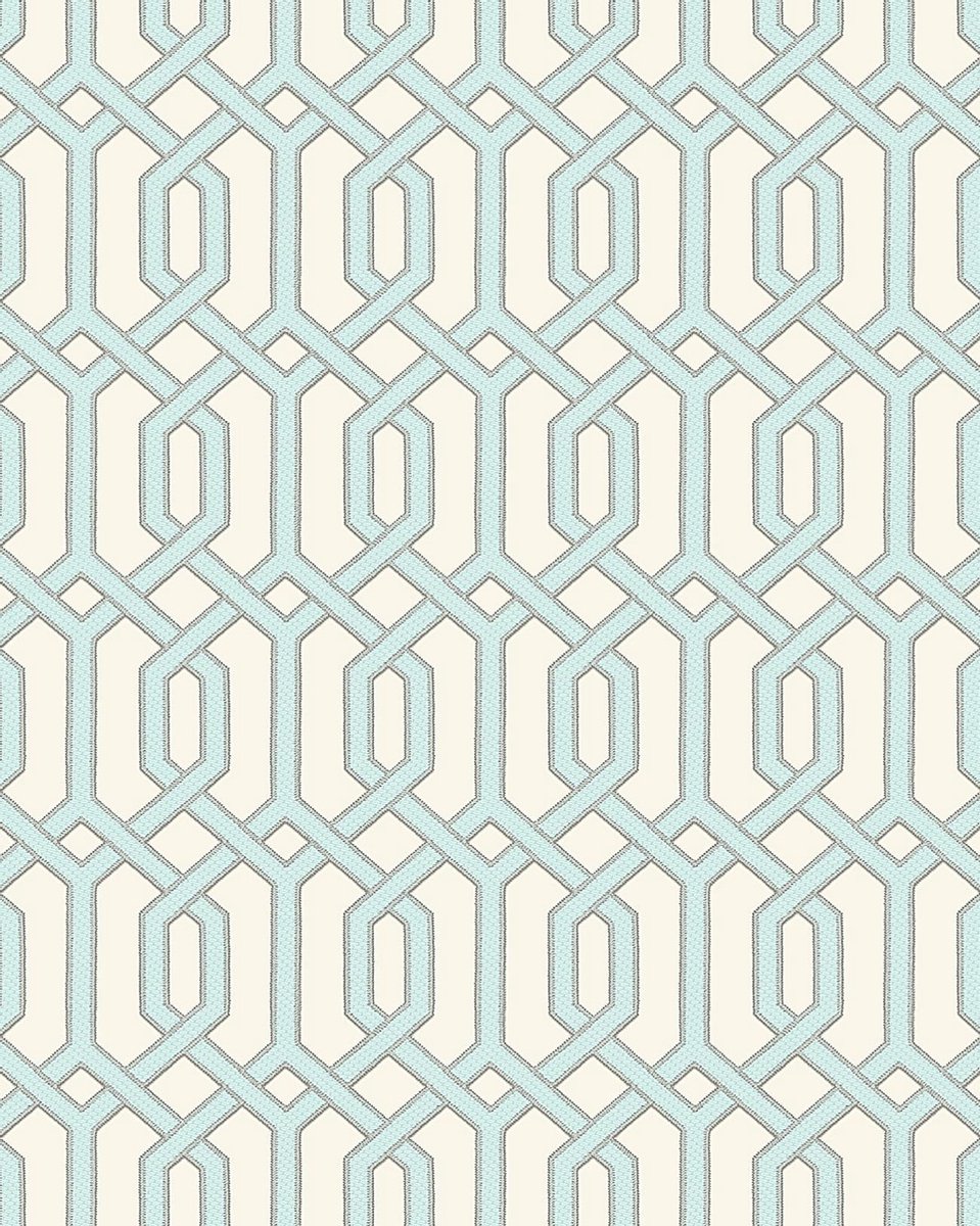 Grafisch behang Profhome BA220013-DI vliesbehang hardvinyl warmdruk in reliëf gestempeld met grafisch patroon en metalen accenten ivoor pastelturquoise zilver 5,33 m2