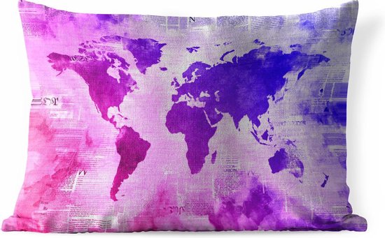 Buitenkussens - Tuin - Wereldkaart met roze verf die overgaat in blauw op achtergrond met krantenpapier - 60x40 cm