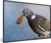 Fotolijst incl. Poster - Een ondeugende duif met een koekje in zijn mond - 120x80 cm - Posterlijst