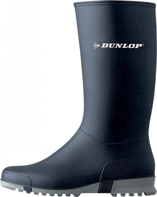 Donkerblauwe Dunlop regenlaars met grijze zool en Dunlop logo.
