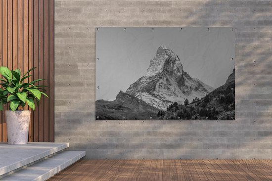 Muurdecoratie De Matterhorn in Zwitserland bij zonsopkomst - zwart wit - 180x120 cm - Tuinposter - Tuindoek - Buitenposter