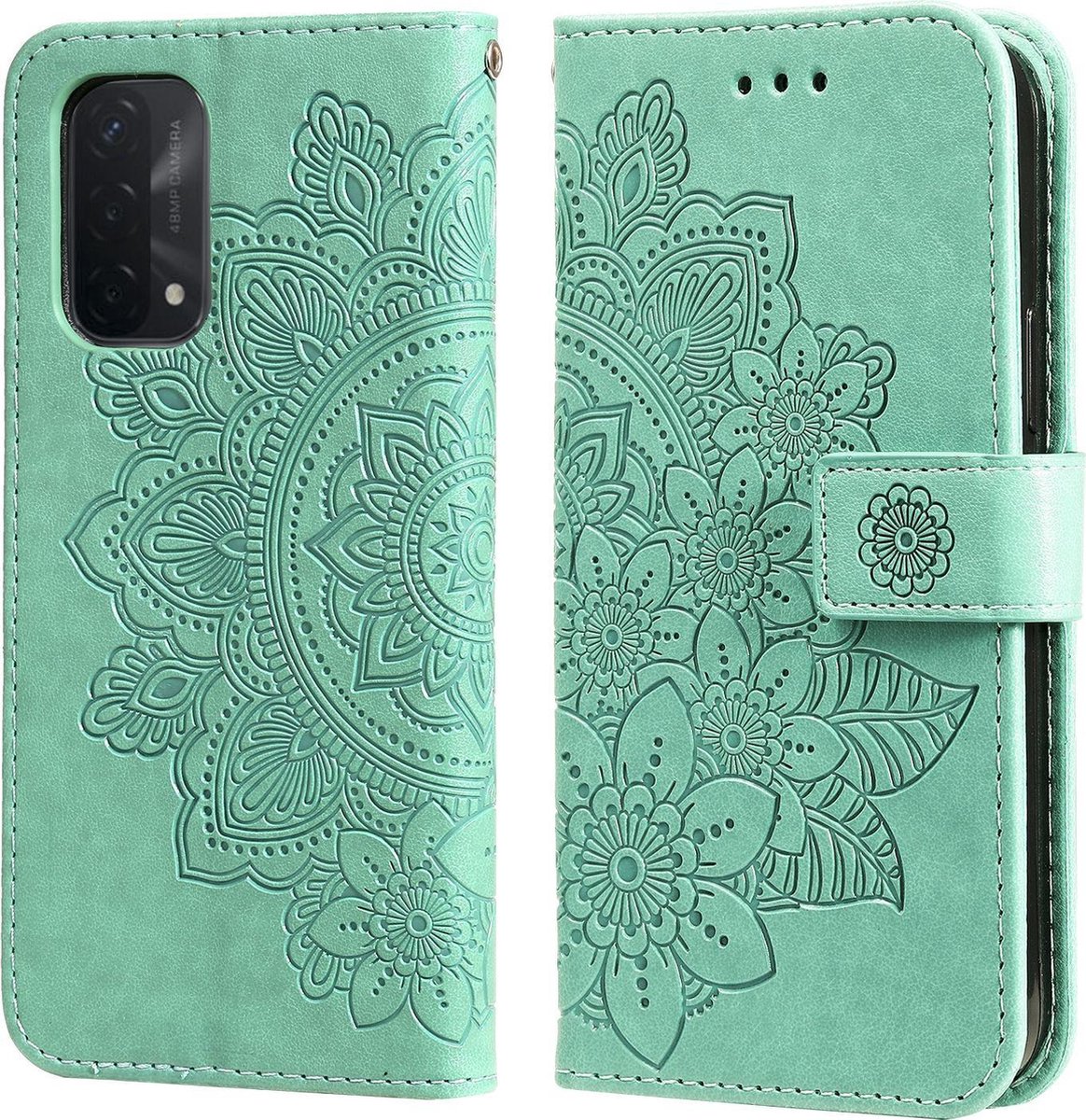 Mobigear Telefoonhoesje geschikt voor OPPO A74 5G Hoesje | Mobigear Flowers Bookcase Portemonnee | Pasjeshouder voor 3 Pasjes | Telefoonhoesje voor Pinpas / OV Kaart / Rijbewijs - Turquoise