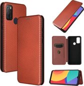 Voor alcatel 1S (2021) koolstofvezel textuur magnetische horizontale flip TPU + pc + PU lederen tas met kaartsleuf (bruin)