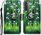 Voor Samsung Galaxy S21 FE Gekleurde Tekening Patroon Horizontale Flip PU Lederen Case met Houder & Kaartsleuven & Portemonnee & Lanyard (Panda)