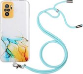 Voor Xiaomi Redmi Note 10 4G Holle marmeren patroon TPU schokbestendige beschermhoes met nekriem touw (geel)