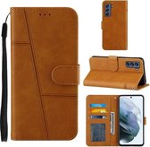 Voor Samsung Galaxy S21 FE Stiksels Kalf Textuur Gesp Horizontale Flip Leren Case met Houder & Kaartsleuven & Portemonnee & Lanyard (Geel)