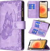 Voor iPhone 12 mini Flying Butterfly Embossing Pattern Rits Horizontale Flip lederen tas met houder & kaartsleuven & portemonnee (paars)