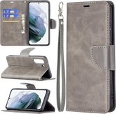 Voor Samsung Galaxy S21 FE Retro Lambskin Texture Pure Color Horizontale Flip PU Leather Case met houder & kaartsleuven & portemonnee & Lanyard (grijs)