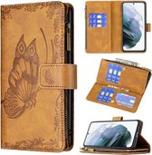 Voor Samsung Galaxy S21 FE Vliegende Vlinder Embossing Patroon Rits Horizontale Flip Leren Case met Houder & Kaartsleuven & Portemonnee (Bruin)