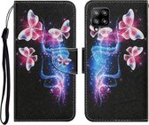 Voor Samsung Galaxy A22 4G Gekleurd tekeningpatroon Horizontaal Flip PU-lederen hoes met houder & kaartsleuven & portemonnee & lanyard (drie fluorescerende vlinders)