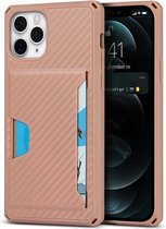 Carbon Fiber Armor Shockproof TPU + PC Hard Case met Card Slot Holder Funtion For iPhone 11 Pro (Rose Gold)