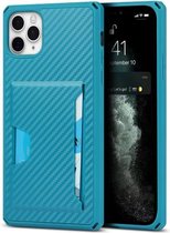 Carbon Fiber Armor Shockproof TPU + PC Hard Case met Card Slot Holder Funtion For iPhone 11 Pro Max (Blue)