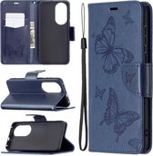 Voor Huawei P50 Twee vlinders reliëfpatroon horizontaal flip lederen hoesje met houder & kaartsleuf & portemonnee & lanyard (donkerblauw)