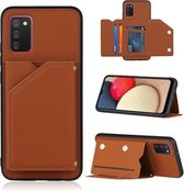 Voor Samsung Galaxy A02s (Amerikaanse versie) Skin Feel PU + TPU + pc Achterkant Schokbestendig hoesje met kaartsleuven en houder & fotolijst (bruin)