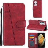 Voor Samsung Galaxy S21 Ultra 5G Stiksels Kalf Textuur Gesp Horizontale Flip Leren Case met Houder & Kaartsleuven & Portemonnee & Lanyard (Rood)