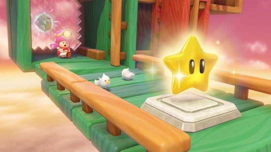 Toad kijkt naar een glimmende ster op een houten platform. Kleine kuikens lopen rond.
