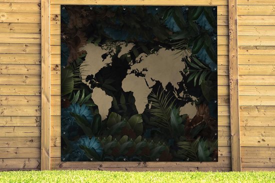 Poster de Jardin Wereldkaart - Fleurs - Blauw - 200x200 cm - Toile de jardin - Poster extérieur