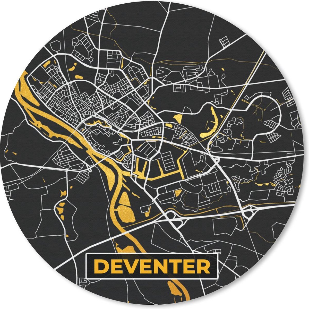 Muismat rond 30x30 cm - Mousepad Kaart - Deventer - Goud - Zwart - Ronde muismatten