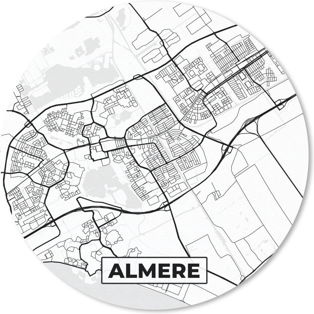 Muismat rond 20x20 cm - Mousepad Kaart - Almere - Zwart - Wit - Ronde muismatten