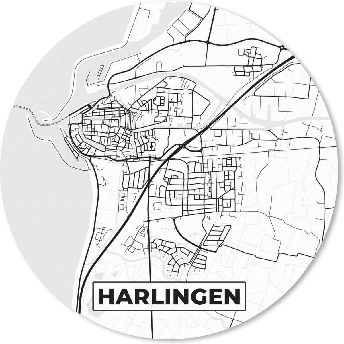 Muismat rond 20x20 cm - Mousepad Kaart - Harlingen - Zwart - Wit - Ronde muismatten