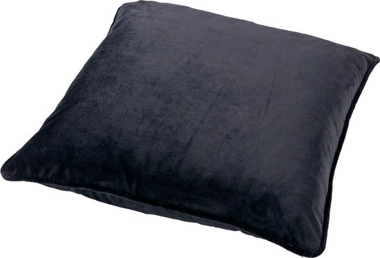 Antracietkleurig fluwelen kussen met zwarte bies, staand.