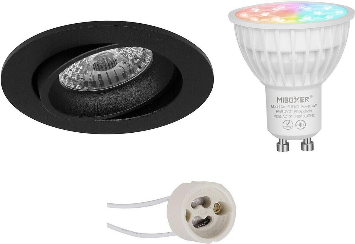 Mi-Light MiBoxer - LED Spot Set GU10 - Smart LED - Wifi LED - Slimme LED - 4W - RGB+CCT - Aanpasbare Kleur - Dimbaar - Proma Delton Pro - Inbouw Rond - Mat Zwart - Kantelbaar - Ø82mm