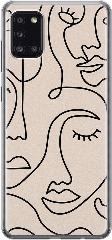Samsung Galaxy A31 hoesje siliconen - Abstract gezicht lijnen - Soft Case Telefoonhoesje - Print / Illustratie - Beige