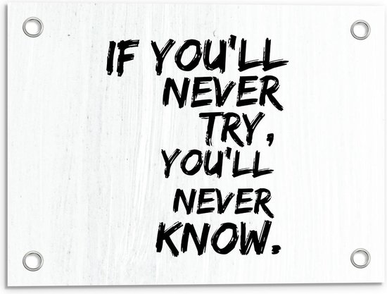 Tuinposter – ''If You'll Never Try, You'll Never Know'' Zwarte Tekst op WIt - 40x30cm Foto op Tuinposter  (wanddecoratie voor buiten en binnen)