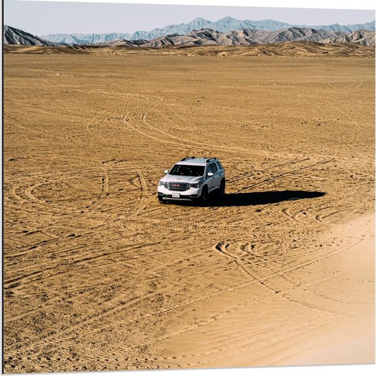 Dibond - Auto in de Vlakte in Woestijn - 80x80cm Foto op Aluminium (Met Ophangsysteem)