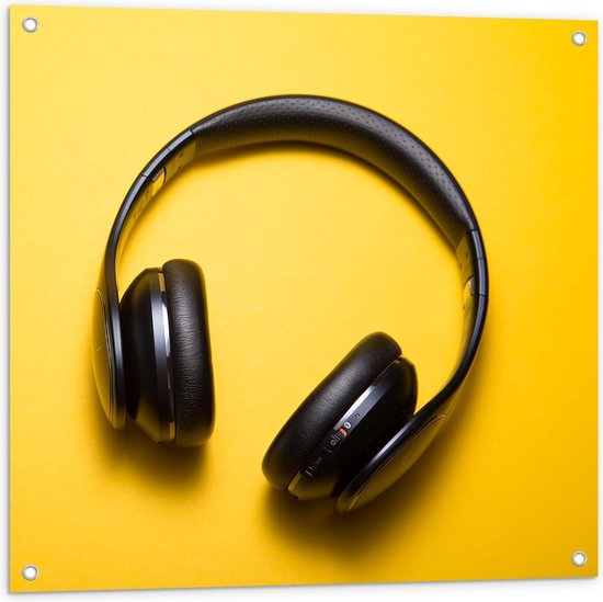 Tuinposter – Zwarte Koptelefoon op Gele Achtergrond - 80x80cm Foto op Tuinposter  (wanddecoratie voor buiten en binnen)