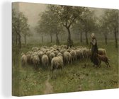 Canvas Schilderij Herderin met kudde schapen - Schilderij van Anton Mauve - 90x60 cm - Wanddecoratie