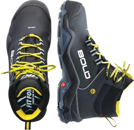Zwarte, hoge werkschoenen met gele veters en opdruk 'BOLD' en 'FIT FOR YOU'.