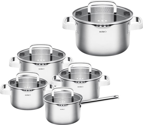 Sola Juvia Pannenset Inductie - 5 Delig - Ø 16,16,18,20,24 cm - Kookpannen Set met Steelpan - Premium RVS Pannen - Sandwichbodem Geschikt voor Elke Warmtebron - PFAS-Vrij - Zilver
