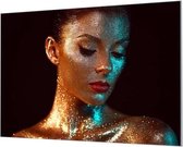 Wandpaneel Vrouw body paint met glitter  | 210 x 140  CM | Zilver frame | Wandgeschroefd (19 mm)