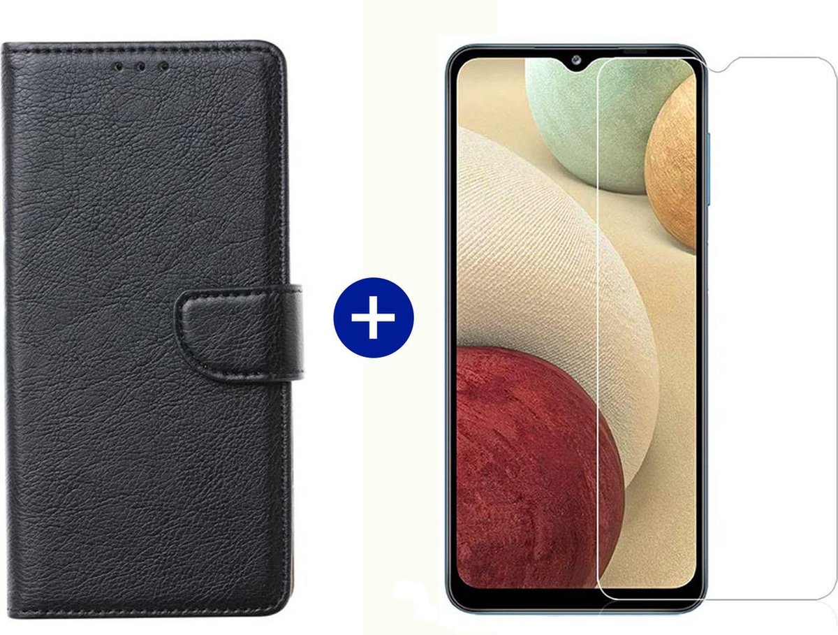 BixB Samsung A12 hoesje - Samsung Galaxy A12 screenprotector - BookCase Wallet - Zwart