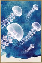 JUNIQE - Poster met kunststof lijst Jellyfish -20x30 /Blauw & Wit